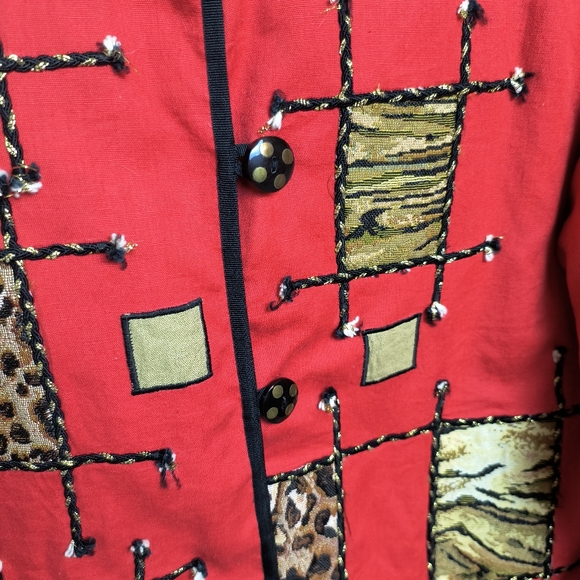 Vintage Julia Ku Jacket Sz M Red Animal Print Patchwork Retro - Picture 3 of 8